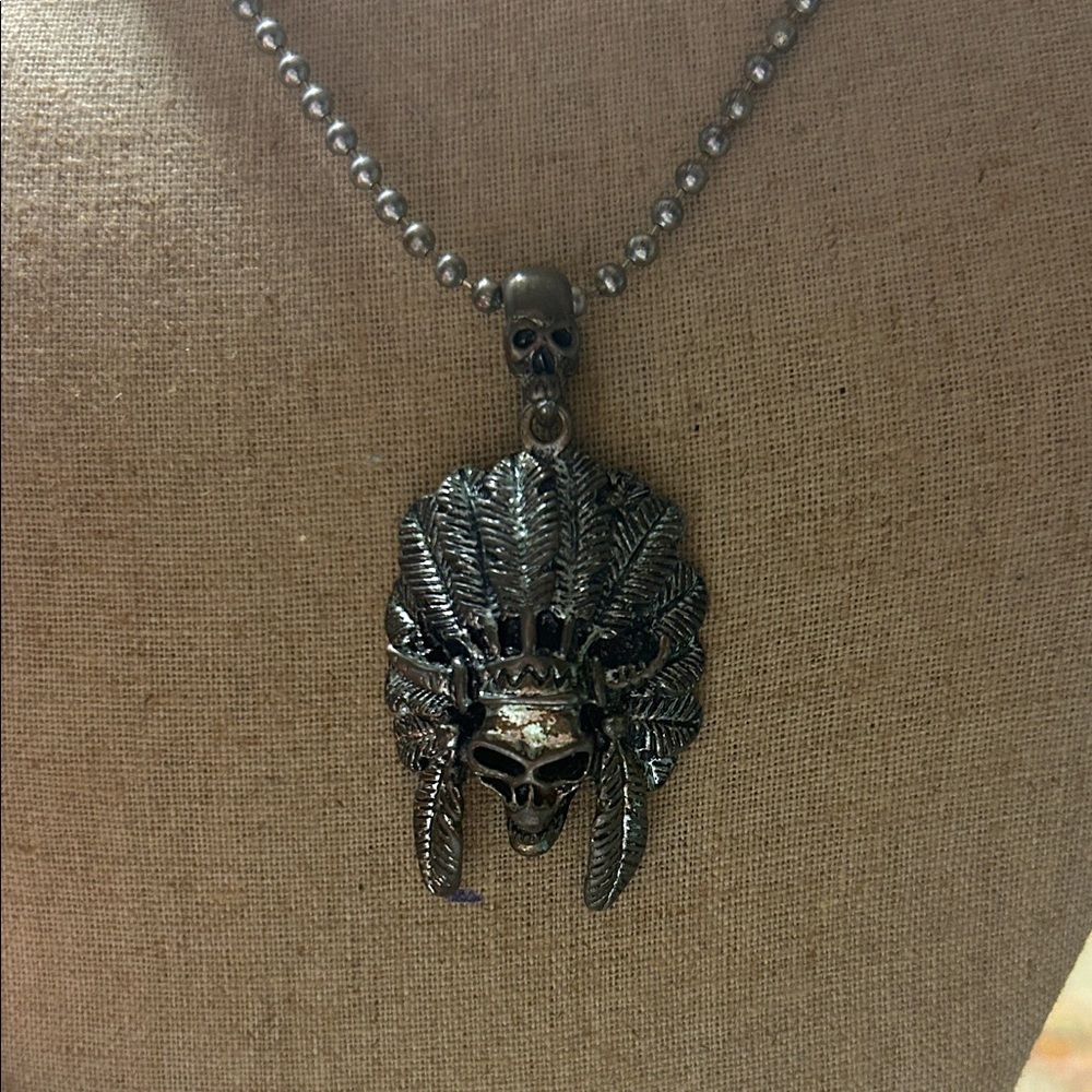 Silver Skull Feather Pendant Necklace Stainless‎